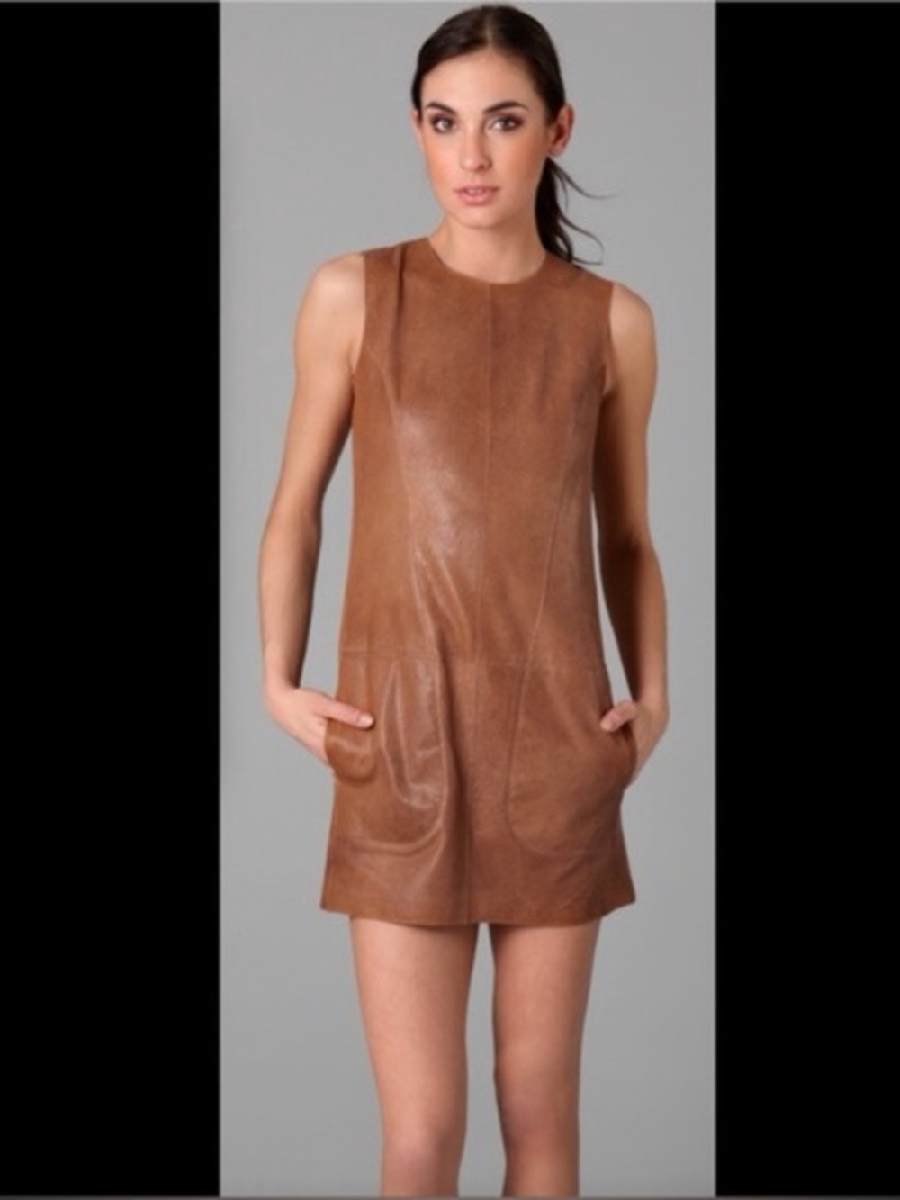 Vince Sleeveless Brown Leather Shift Dress